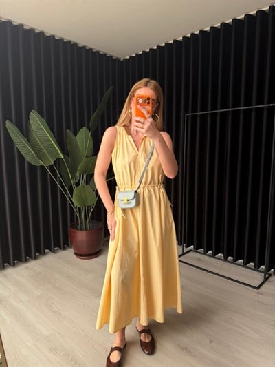 Orijinal Model , Deri Yaka Detaylı , Sarı Elbise