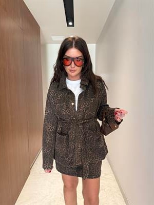 Leopar Desenli , Yumuşacık , Gabardin , Kuşaklı Jean Ceket