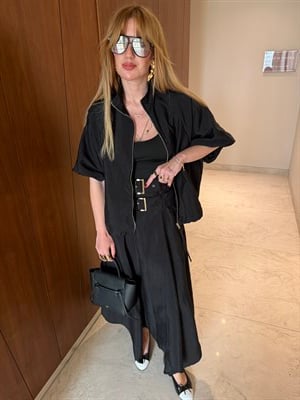 Siyah Orijinal Model, Çift Kemerli Premium Teknik Kumaş Etek Ceket Takım