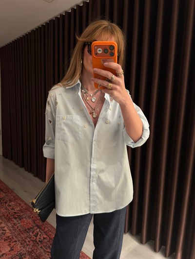 Orijinal Model , İncili Kuş Gözlü , Taş İşlemeli , %100 Cotton , Beyaz Gömlek