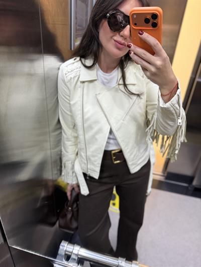 Püskül Detaylı , Ekru Deri Ceket