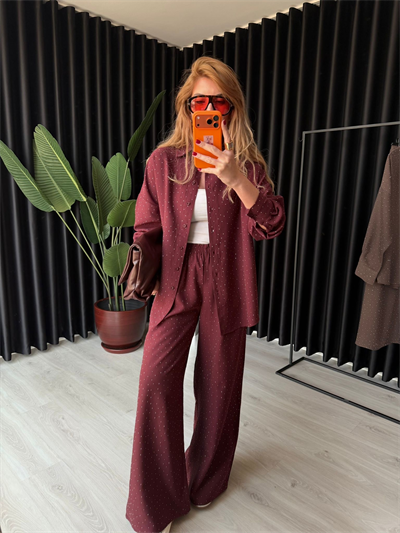 Bordo , Full Taşlı , Modal Tencel , Gömlek & Pantolon Takım
