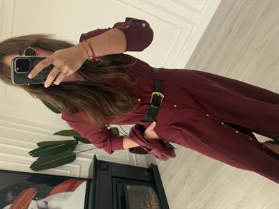 Premium Tok Tencel, Kemerli Bordo Gömlek Elbise