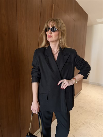 %100 Keten , Siyah Blazer Ceket