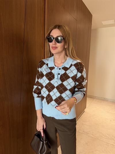 Bebe Mavisi & Acıkahve Baklava Desenli , Yumuşacık Atkılı Triko