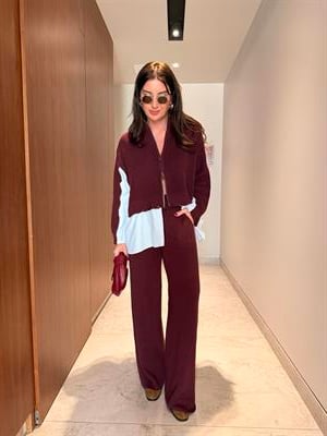 Poplin Detaylı , Önden Fermuarlı , Bordo Triko Takım