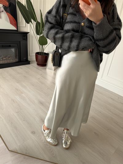 Beli Gizli Lastikli Pamuk Saten , Gümüş Etek