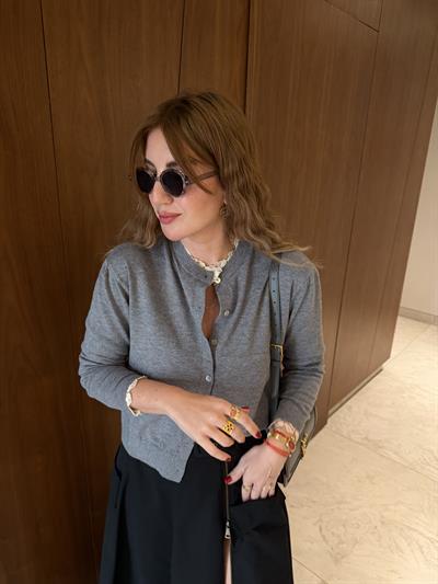 Yakası & Kolları Dantel Detaylı , Gri Triko