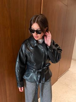 Kuşaklı , Siyah , Premium Deri Ceket