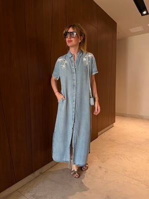 Çiçek Nakışlı , Tencel Jean , Gömlek Elbise