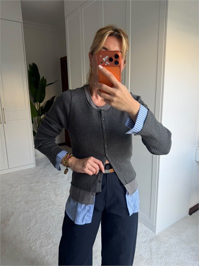 Orijinal Model , Antrasit , Poplin Detaylı , Önden Düğmeli Triko