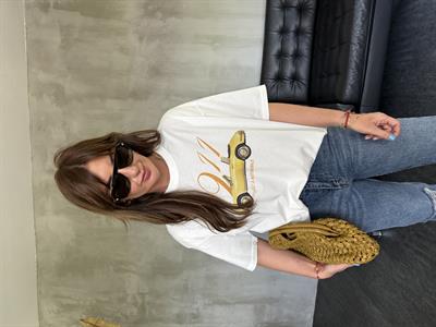 %100 pamuklu , Araba Desenli , Ekru T-shirt 