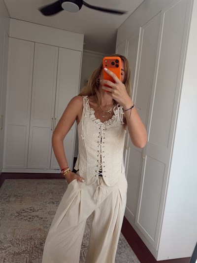 Deri Kemerli , %100 Cotton , Bej Palazzo Pantolon