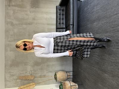 Çift Kemer Detaylı , Yırtmaçlı , Siyah Ekoseli Etek