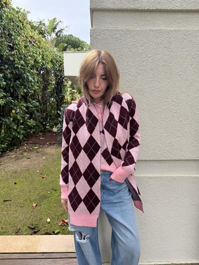 Bordo & Pembe , Atkılı , Baklava Desenli Triko