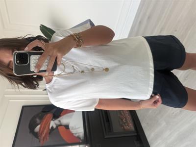 Arkası Pembe & Mavi Poplin Detaylı Beyaz T-Shirt