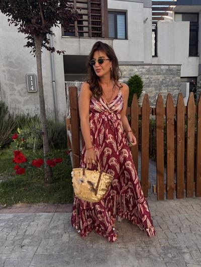 Belden Bağlamalı , Askılı , Bordo Desenli , İthal Elbise