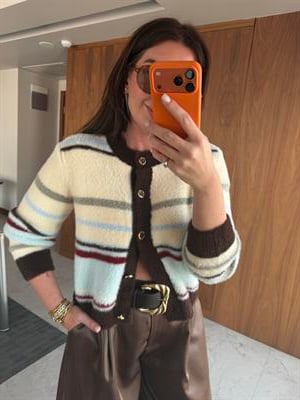 Tasarım Gold Düğmeli , Renkli Çizgili , Triko Hırka