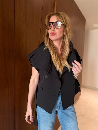 Kısa Kollu , Dik Yaka , Siyah Trençkot