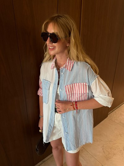 %100 Cotton , Kırmızı & Mavi Şeritli , Tasarım Gömlek