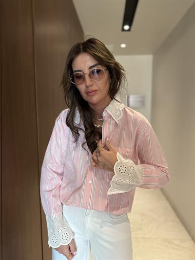 Yaka & Manşet Fistolu , Pembe , Çizgili Gömlek