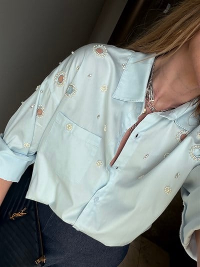 Orijinal Model , İncili Kuş Gözlü , Taş İşlemeli , %100 Cotton , Bebe Mavi Gömlek