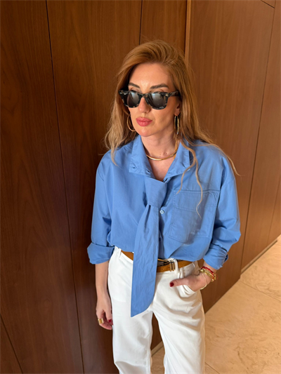 Orijinal Model , Mavi , %100 Koton , Fularlı Poplin Gömlek