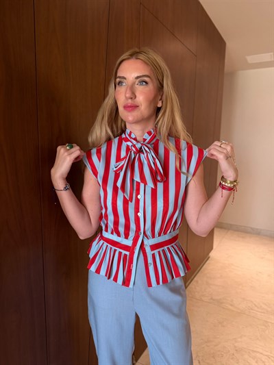 Orijinal Model , Kırmızı & Mavi Çizgili , Fularlı Gömlek