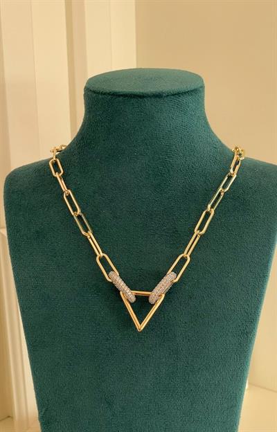 Çift Halka Bağlamalı , Zirkon Taşlı Gold Kolye