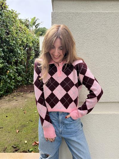 Bordo & Pembe , Atkılı , Baklava Desenli Triko