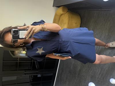 Orijinal Model, Kemerli Yıldız Detaylı Lacivert Gömlek Elbise