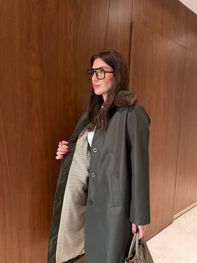 Çıkarılabilir Kürk Yakalı , İçi Ekose Astarlı , Premium Haki Trençkot