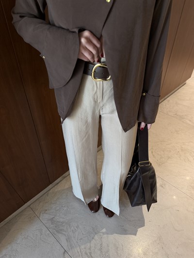 Deri Kemerli , Bej , Tencel Palazzo