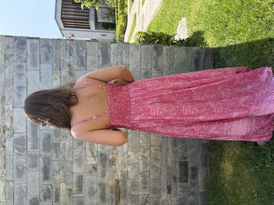 Belden Bağlamalı , Askılı , Gold Pembe Desenli , İthal Elbise