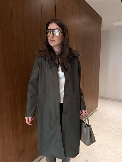 Çıkarılabilir Kürk Yakalı , İçi Ekose Astarlı , Premium Haki Trençkot