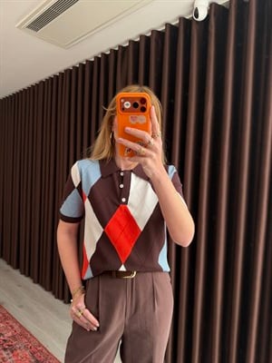 Acıkahve & Oranj Baklava Desenli , Polo Yaka Merserize