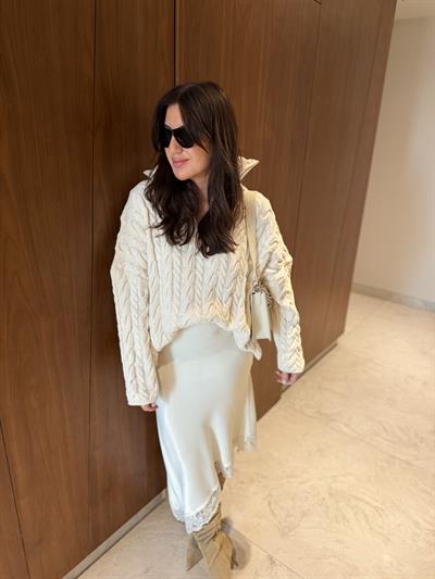 Yarım Fermuarlı , Saç Örgülü , Dik Yaka Ekru Triko