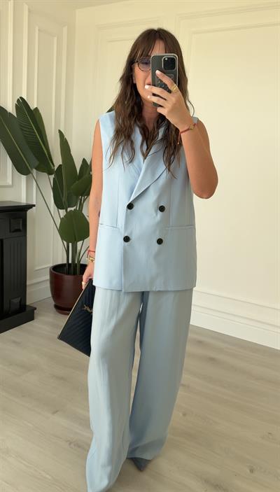 Blazer Yelek & Pantolonlu , Bebe Mavisi Premium Takım