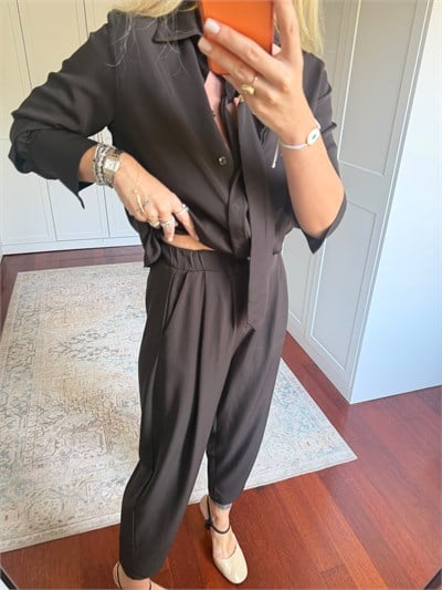 Acıkahve , Tencel Crep , Fularlı Gömlek & Pantolon , Premium Takım