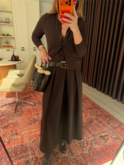 Acıkahve Deri Kemerli Premium Etek