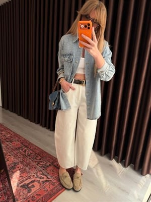 Baggy Model , Kemerli , Beyaz Jean Pantolon 