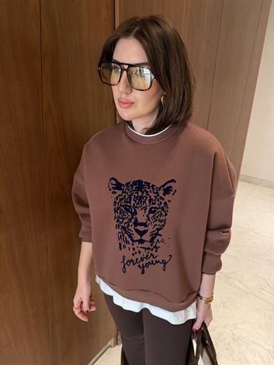 T-shirt Detaylı , Leopar Desenli , Acı Kahve Sweatshirt
