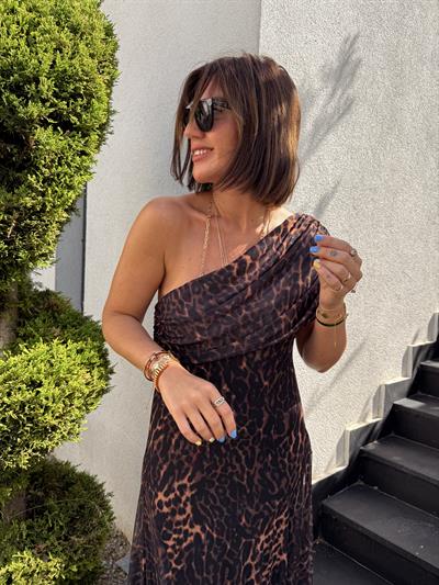 Yarım Omuz, Leopar Desenli Likralı Uzun Elbise