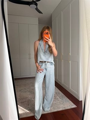 Orijinal Model , V Yaka , Premium , Buz Mavisi Tencel Jean Takım