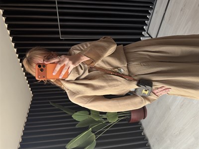 Bej Orijinal Model Fular Yakalı Gömlek & Pantalon Premium Tencel Takım