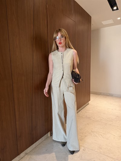 Orijinal Model , Sık Düğmeli , Bej , Premium Keten Takım