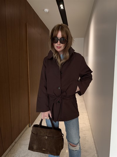 Orijinal Model , Belden Bağlamalı , Dik Yaka , Acıkahve Trençkot