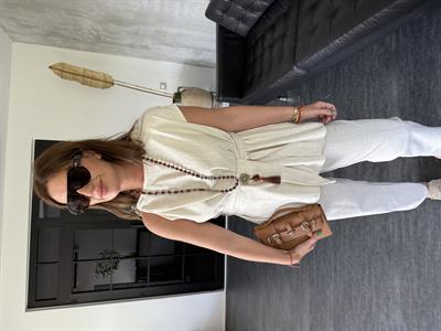 Omzu Burmalı , Bej , Keten , Bluz Takım