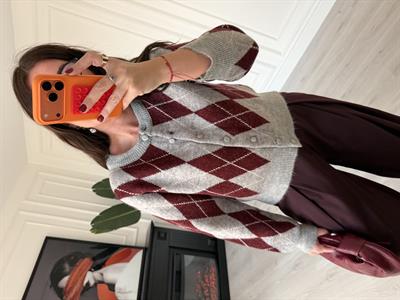 Bordo & Gri Baklava Desenli , Triko Hırka