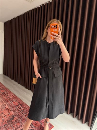 Orijinal Model , Kuşaklı & Cepli , Siyah Tencel Elbise